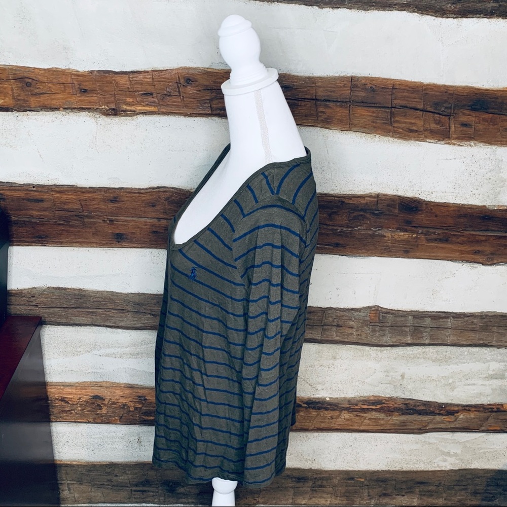 Ralph Lauren Navy Blue & Green striped Scoop Neck top, 3/4 sleeves, Cotton, LG - Picture 3 of 6